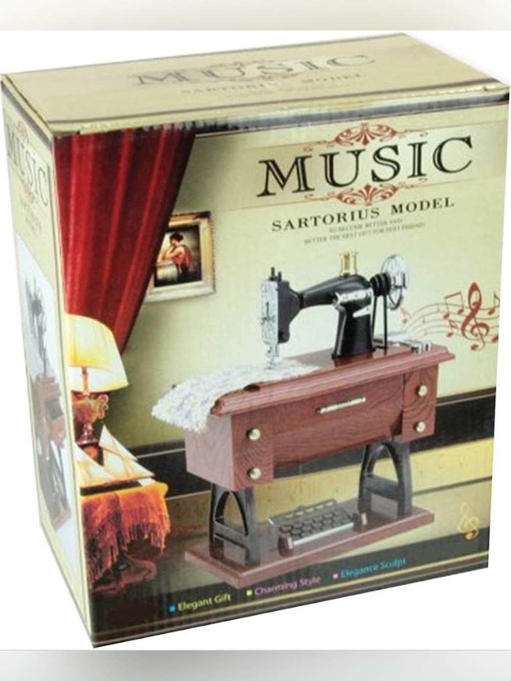 Vintage-Style Sewing Machine Music Box in Black and Wood Tone